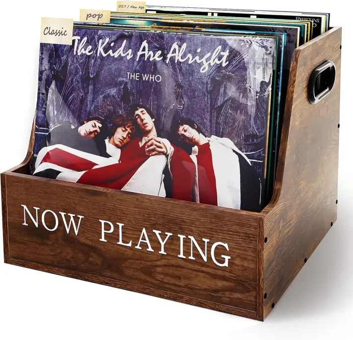 Wooden Vinyl Record Crate with Reversible 'Now Playing' Panel
